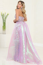 STRAPLESS V-CUT SEQUIN DRESS WITH OVERSKIRT
