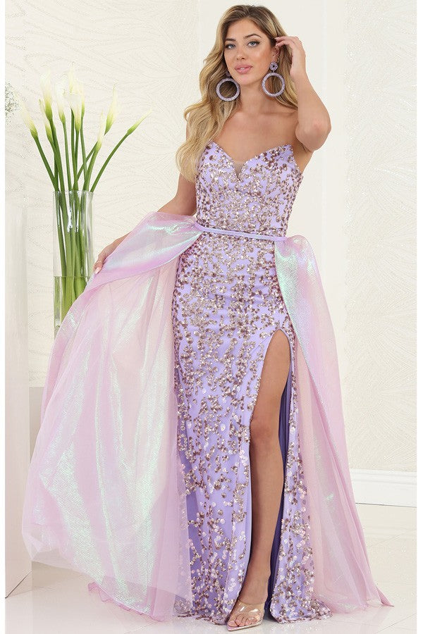 STRAPLESS V-CUT SEQUIN DRESS WITH OVERSKIRT