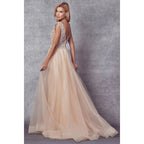 PLUNGING NECK EMBROIDERY BEADED ILLUSION PROM BALLGOWN