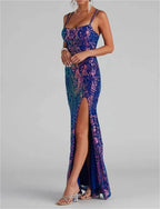 Sequin maxi sexy party evening dress: Purple / M