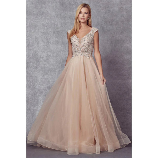 PLUNGING NECK EMBROIDERY BEADED ILLUSION PROM BALLGOWN