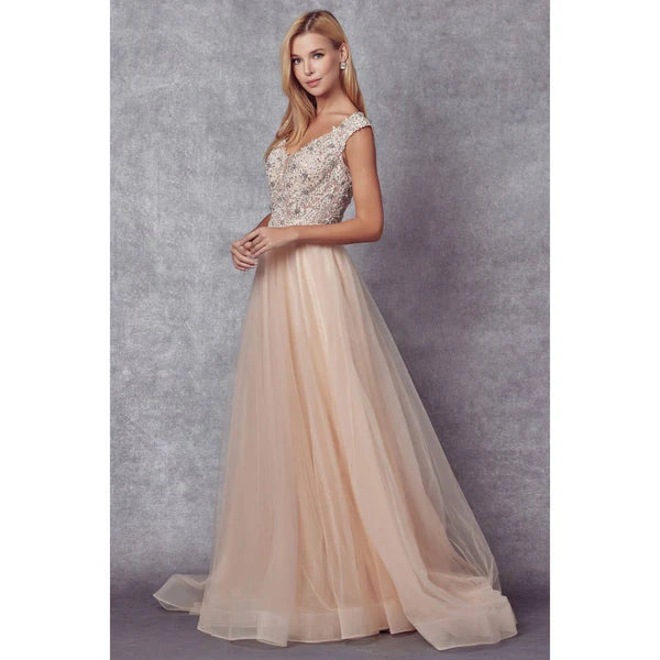PLUNGING NECK EMBROIDERY BEADED ILLUSION PROM BALLGOWN