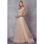 PLUNGING NECK EMBROIDERY BEADED ILLUSION PROM BALLGOWN