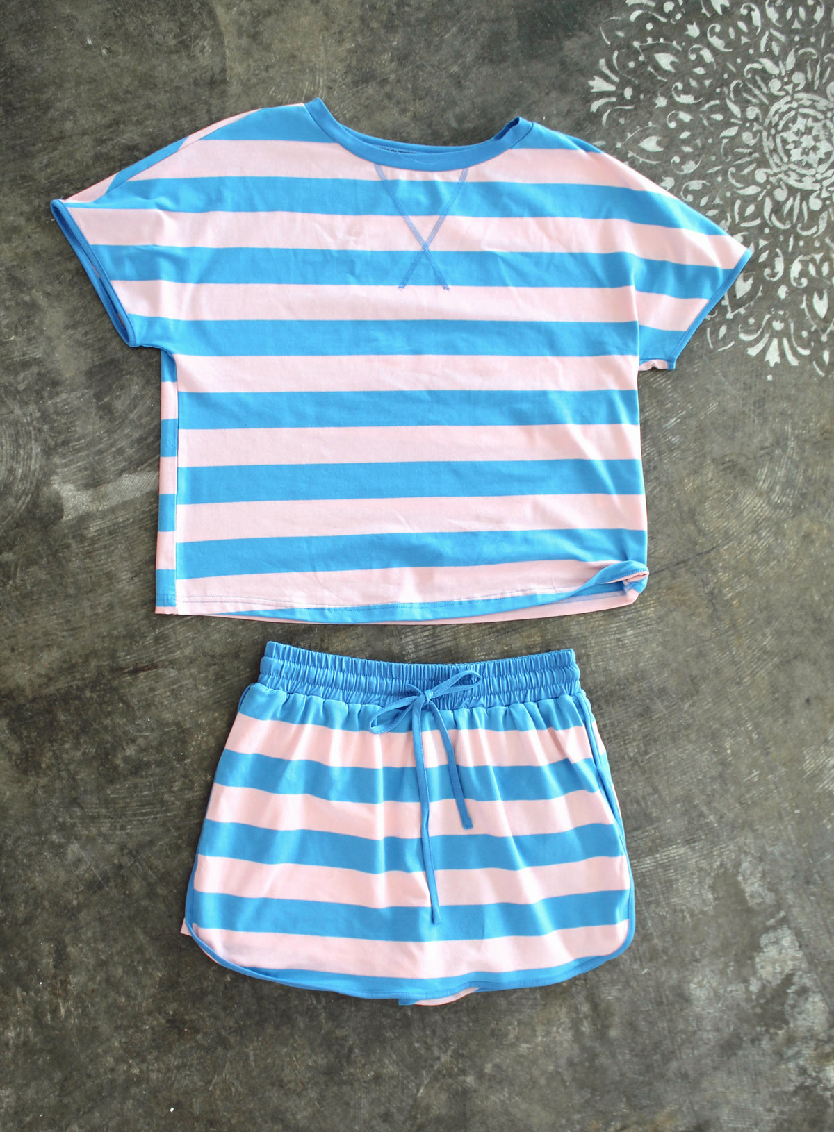 Peach & Blue Striped Skort Lounge Set