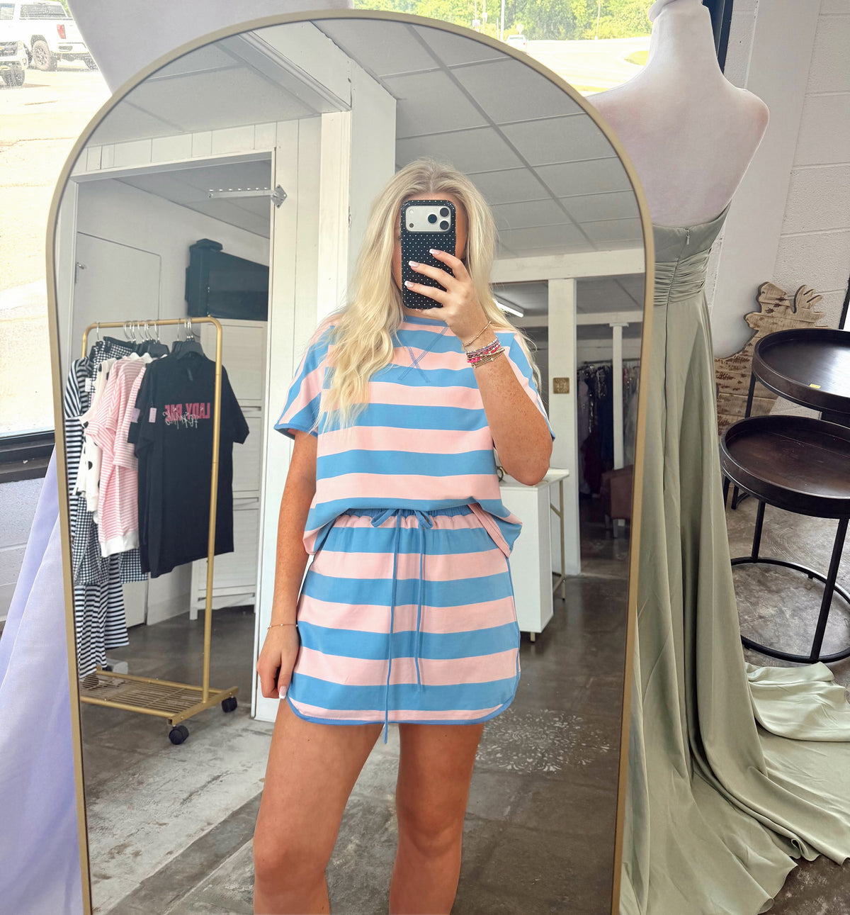 Peach & Blue Striped Skort Lounge Set