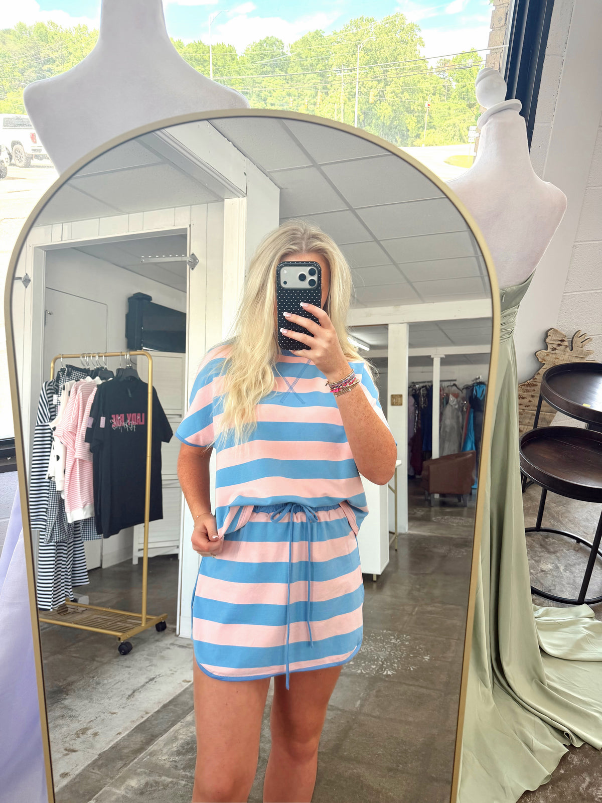 Peach & Blue Striped Skort Lounge Set