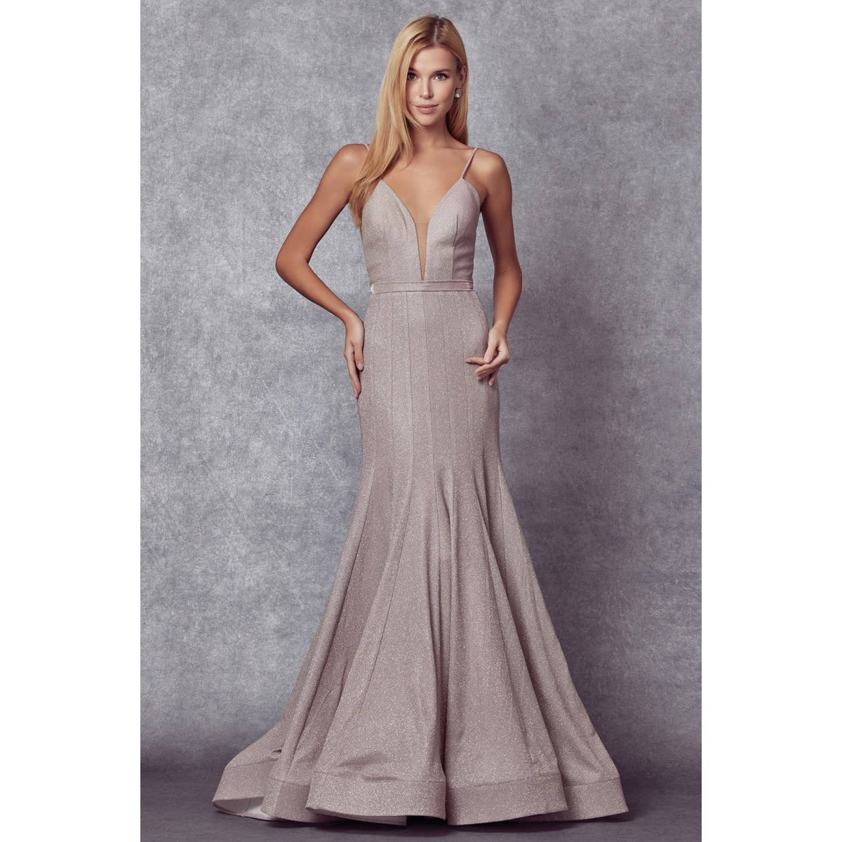LOW V NECK  FITTED GLITTER PROM DRESS: ROSE GOLD / XS