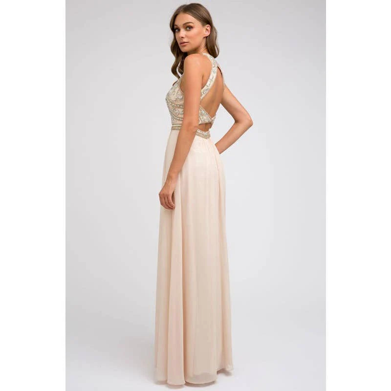 OPEN-BACK BEADED BODICE FORMAL DRESS